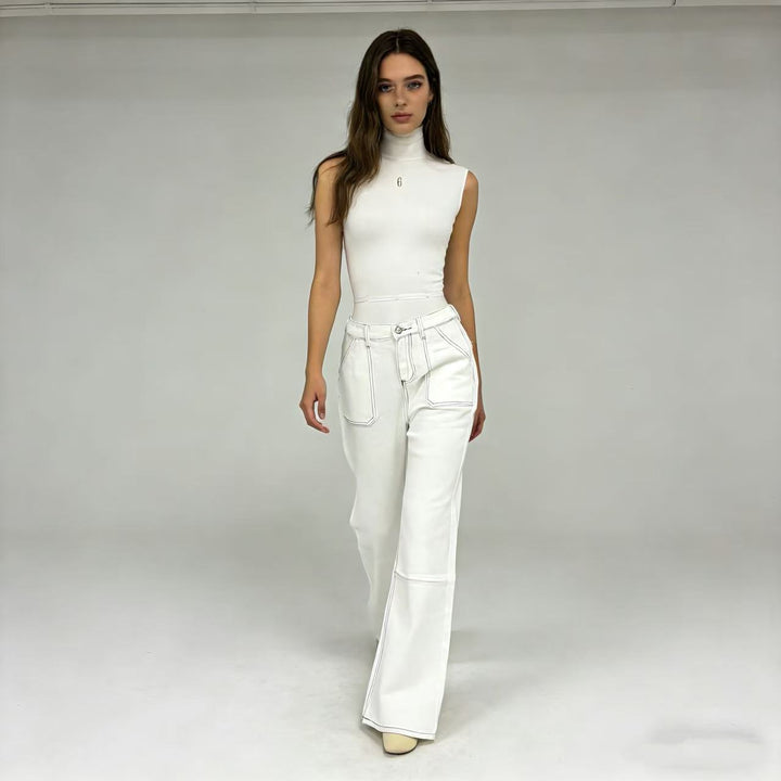 Damen hochgeschnittene Relaxed-Jeans mit geradem Bein und aufgesetzten Fronttaschen Nord Taschen