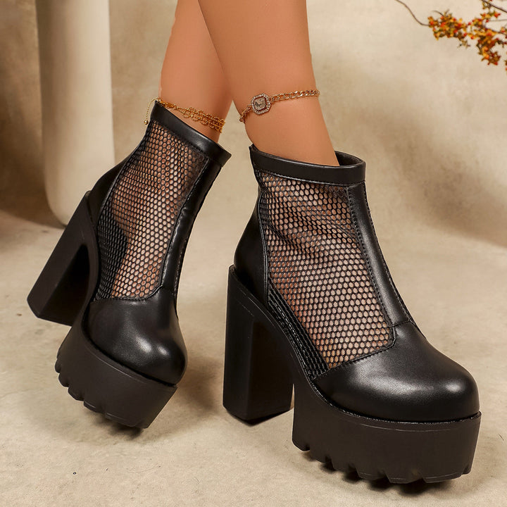 Damen Plateau Stiefeletten mit Netz-Ausschnitt und grobem Blockabsatz