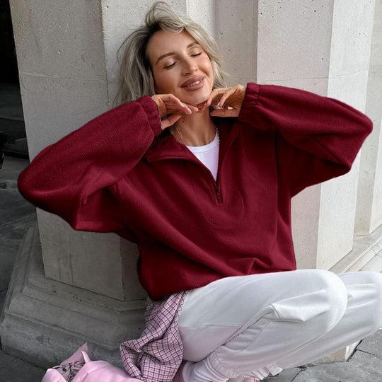 Damen Oversized Fleecepullover mit halbem Reißverschluss und Stehkragen Nord Taschen