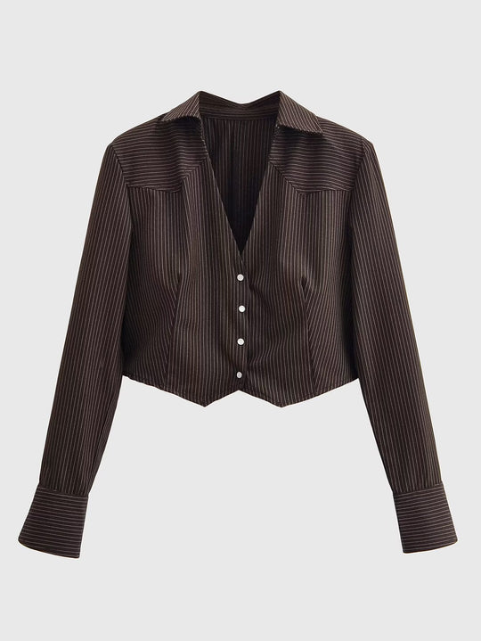 Damen Taillierte Cropped-Hemdbluse im Nadelstreifen mit tiefem V-Ausschnitt Nord Taschen