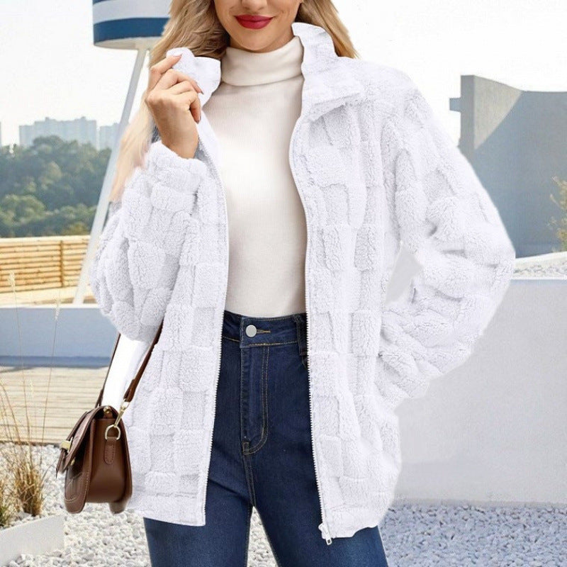 Damen Teddyjacke mit Karo-Struktur, Stehkragen und Reißverschluss Nord Taschen