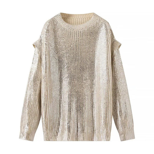 Damen Glänzender Oversize-Strickpullover mit Schulter-Cutouts Nord Taschen