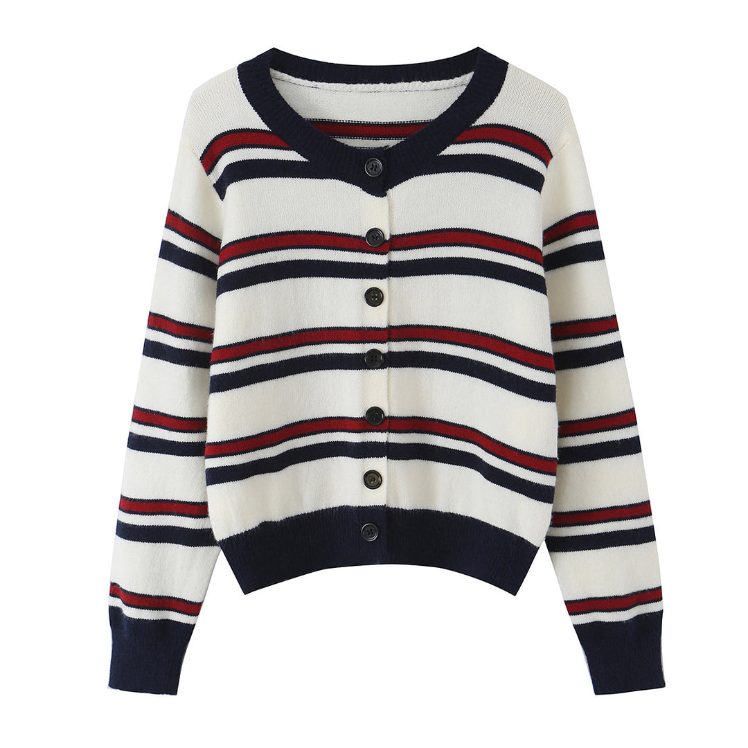 Damen Gestreifte Strickjacke mit Knopfleiste und geripptem Saum Nord Taschen