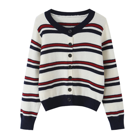 Damen Gestreifte Strickjacke mit Knopfleiste und geripptem Saum Nord Taschen