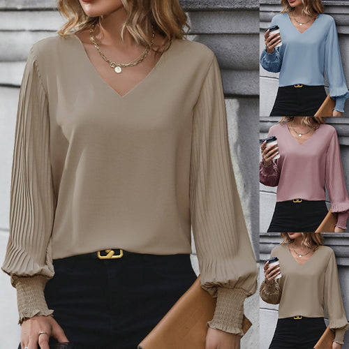 Damen V-Ausschnitt-Bluse mit plissierten Ballonärmeln und Smokbündchen Nord Taschen