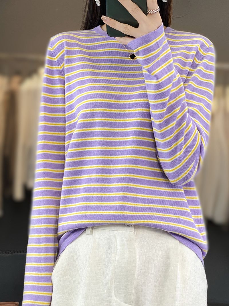 Damen Leichter Baumwollmix-Streifenpullover mit Rundhals, Raglanärmeln und lässiger Silhouette Nord Taschen