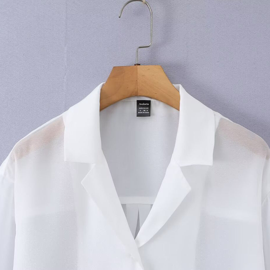 Damen Transparente Langarm-Bluse aus Chiffon mit Reverskragen und durchgehender Knopfleiste Nord Taschen