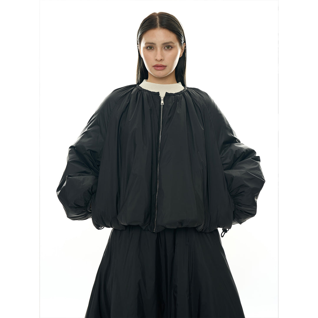 Damen Voluminöse Bomberjacke im Cape‑Stil mit Ballonärmeln und Tunnelzug Nord Taschen