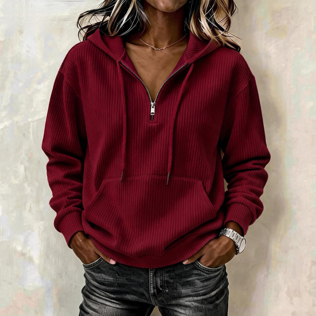 Damen Gestrickter Ripp-Hoodie mit halbem Reißverschluss, Kängurutasche und Oversize-Schnitt Nord Taschen