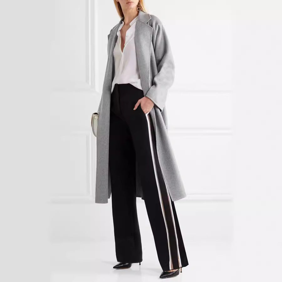 Damen Bodenlanger Offener Wollmix‑Mantel mit entspanntem Revers und fließendem Fall Nord Taschen