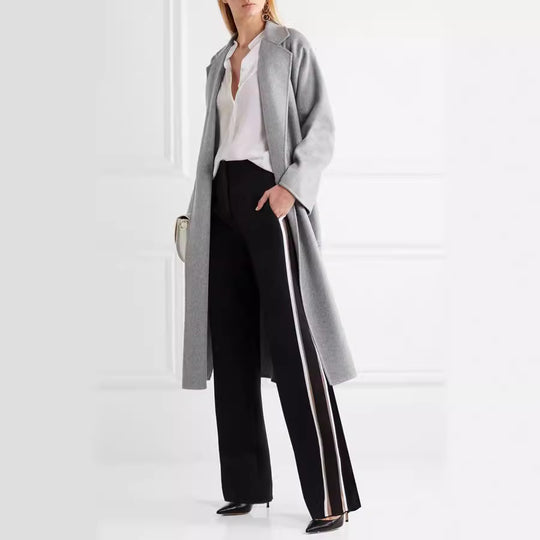 Damen Bodenlanger Offener Wollmix‑Mantel mit entspanntem Revers und fließendem Fall Nord Taschen