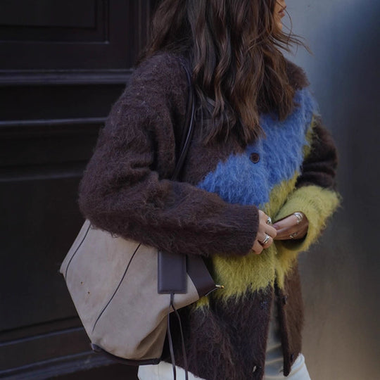 Damen Oversize Mohair-Blend Cardigan mit abstraktem Farbblock und Knopfleiste Nord Taschen