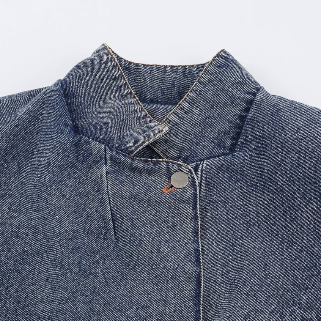 Damen Verkürzte Jeansjacke im Boxy‑Schnitt mit Stehkragen und dreiviertelärmeln Nord Taschen