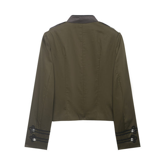 Damen Kurzjacke im Militärstil mit Stehkragen, Zierfrosch und Epauletten Nord Taschen