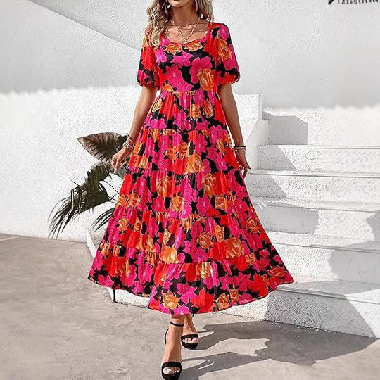 Damen Maxi-Kleid mit floralem Design und voluminösem Rock