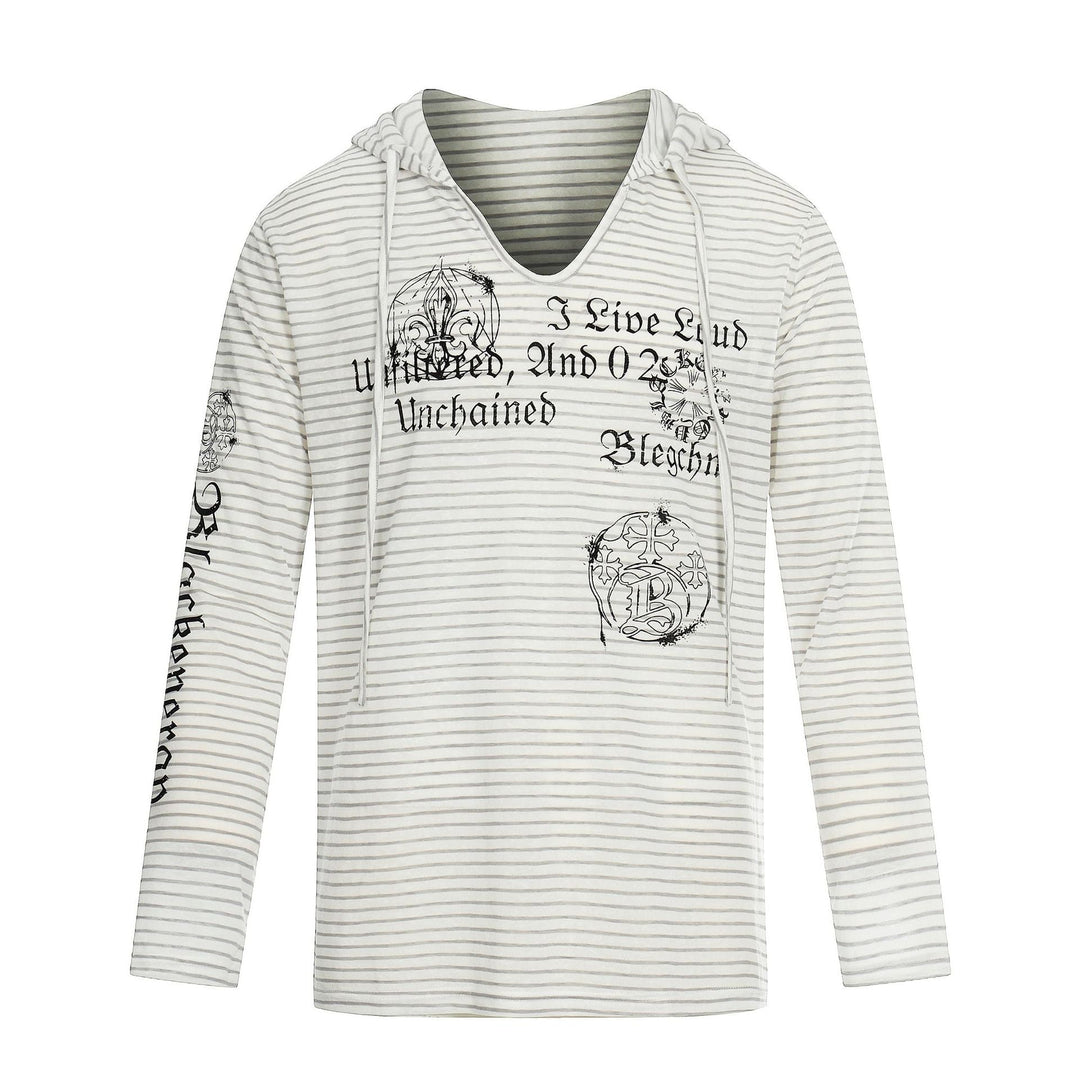 Damen Leichtes Kapuzen-Longsleeve mit V-Ausschnitt, Streifenmuster und Vintage-Print Nord Taschen