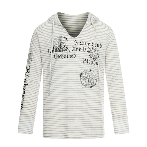 Damen Leichtes Kapuzen-Longsleeve mit V-Ausschnitt, Streifenmuster und Vintage-Print Nord Taschen