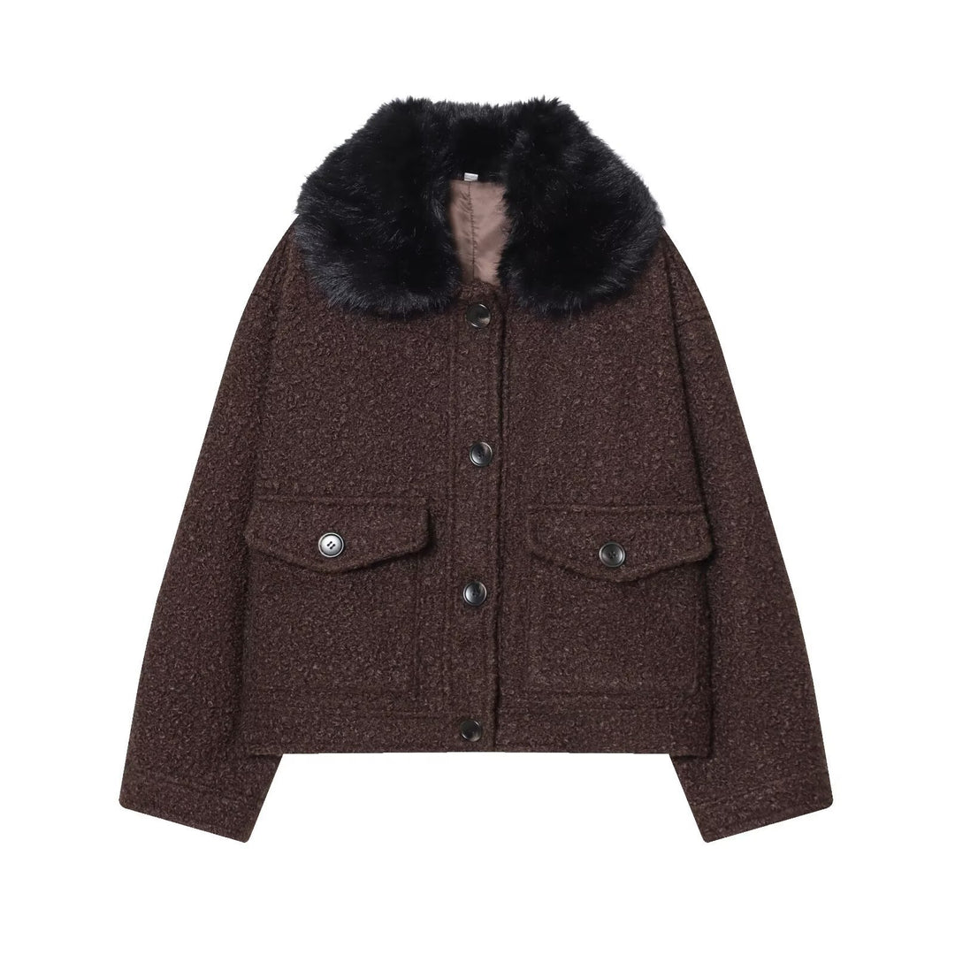 Damen Cropped Bouclé-Jacke mit weichem Kunstfellkragen und Pattentaschen Nord Taschen