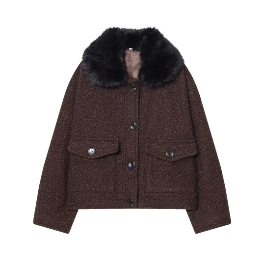 Damen Cropped Bouclé-Jacke mit weichem Kunstfellkragen und Pattentaschen Nord Taschen