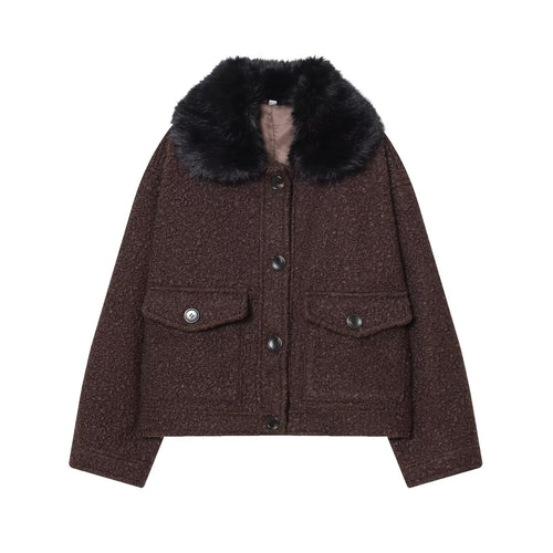 Damen Cropped Bouclé-Jacke mit weichem Kunstfellkragen und Pattentaschen Nord Taschen