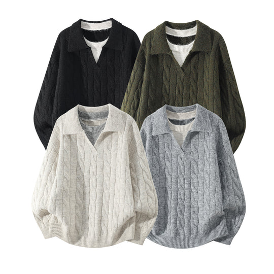 Damen Oversize Zopfmuster-Pullover mit offenem Polokragen & Layer‑Look Nord Taschen