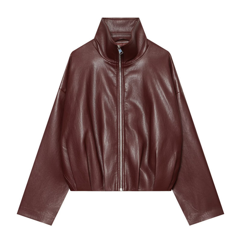 Damen Kurz geschnittene Kunstlederjacke mit Stehkragen und durchgehendem Reißverschluss Nord Taschen
