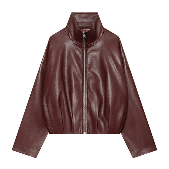 Damen Kurz geschnittene Kunstlederjacke mit Stehkragen und durchgehendem Reißverschluss Nord Taschen