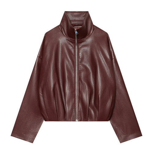 Damen Kurz geschnittene Kunstlederjacke mit Stehkragen und durchgehendem Reißverschluss Nord Taschen