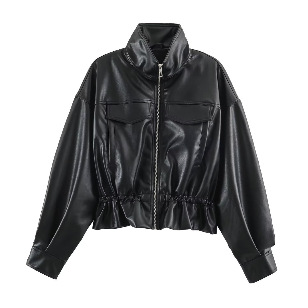 Damen Kurzer Oversize Kunstleder-Bomber mit Stehkragen, Pattentaschen und Kordelzug Nord Taschen