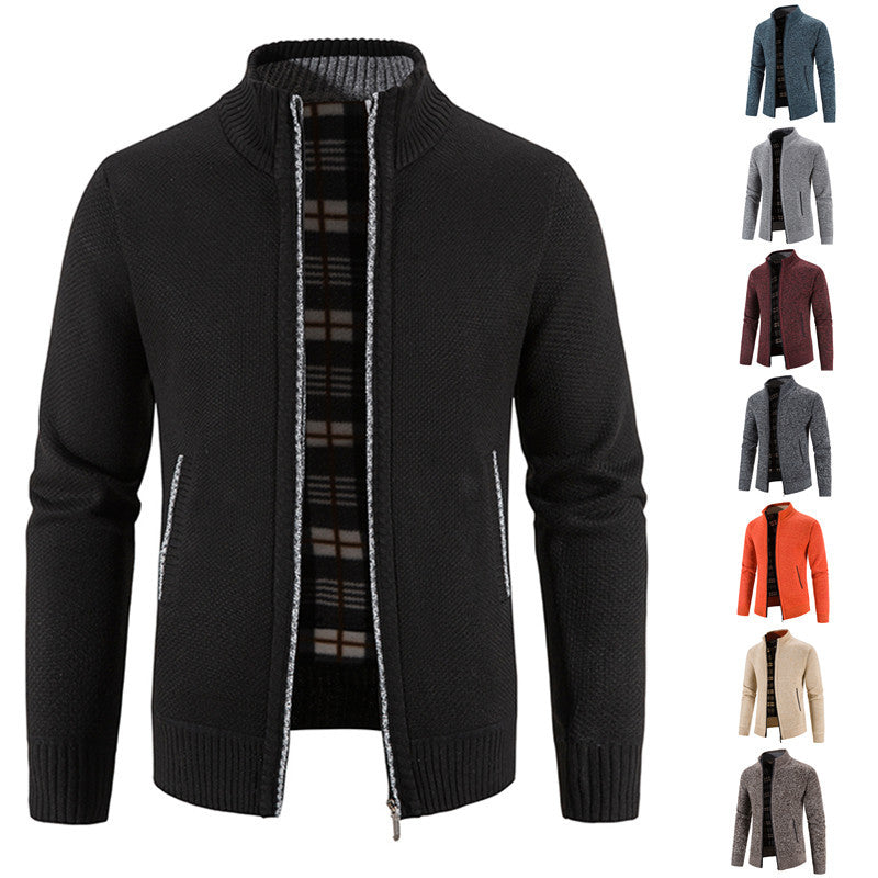 Herren Strickjacke mit durchgehendem Reißverschluss, Stehkragen und kariertem Futter Nord Taschen
