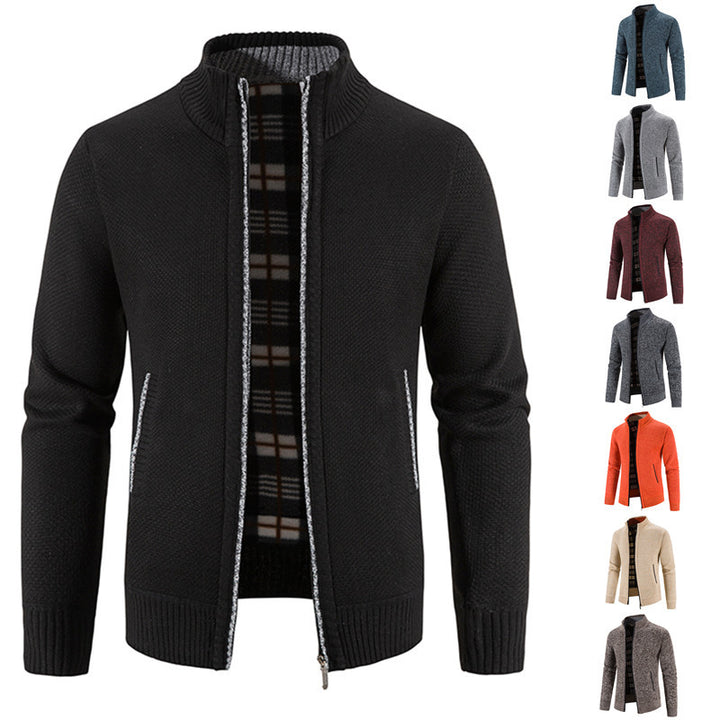 Herren Strickjacke mit durchgehendem Reißverschluss, Stehkragen und kariertem Futter Nord Taschen