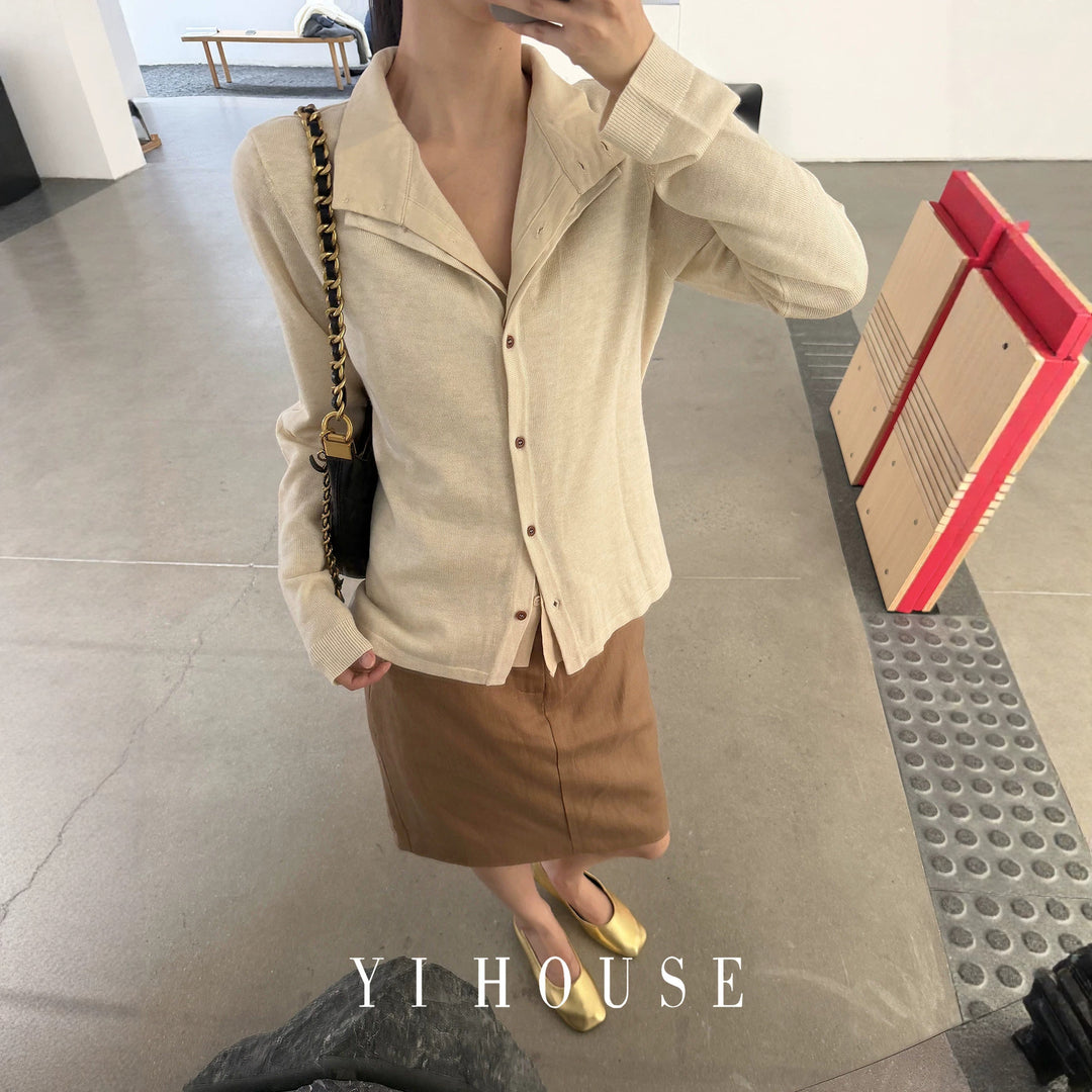 Damen Leichter Feinstrick-Cardigan mit eingearbeitetem Hemdkragen und verdeckter Knopfleiste Nord Taschen