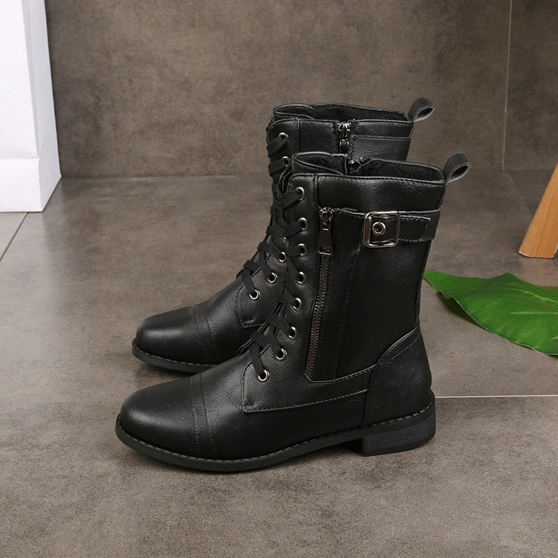 Damen Schnürstiefel mit seitlichem Reißverschluss und Zier-Riemen knöchelhoch Vintage-Bikerstiefel Nord Taschen