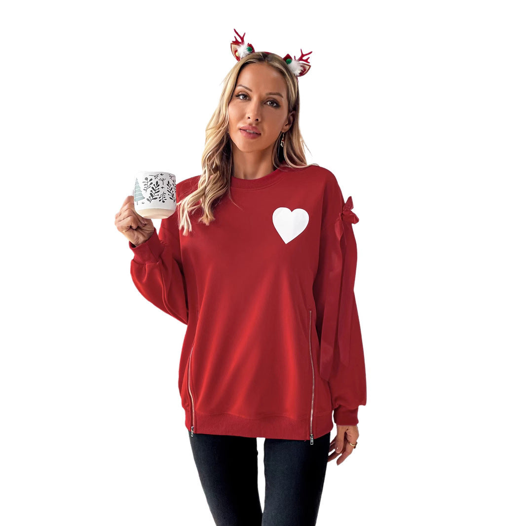 Damen Weihnachtlicher Sweatshirtpullover mit Herzapplikation und Seitenschleifen Nord Taschen