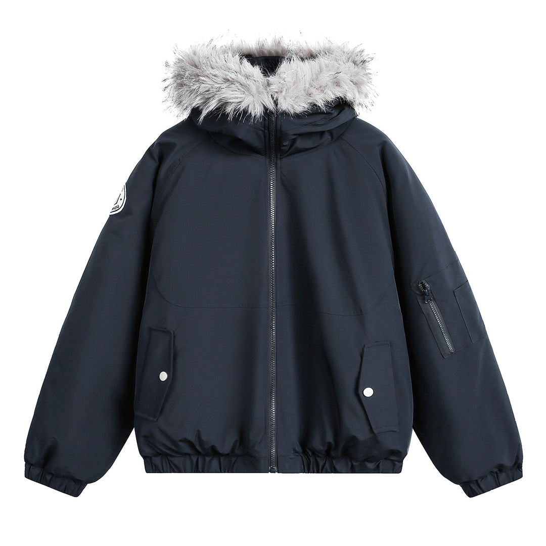 Damen Wattierte Bomberjacke mit Kapuze, Kunstfellkragen und elastischem Saum Nord Taschen