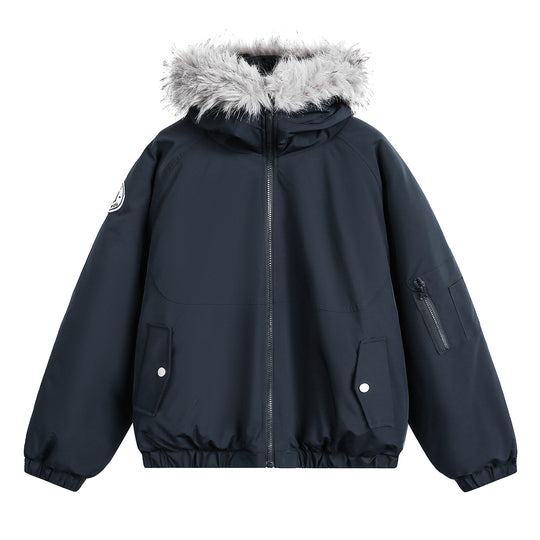 Damen Wattierte Bomberjacke mit Kapuze, Kunstfellkragen und elastischem Saum Nord Taschen