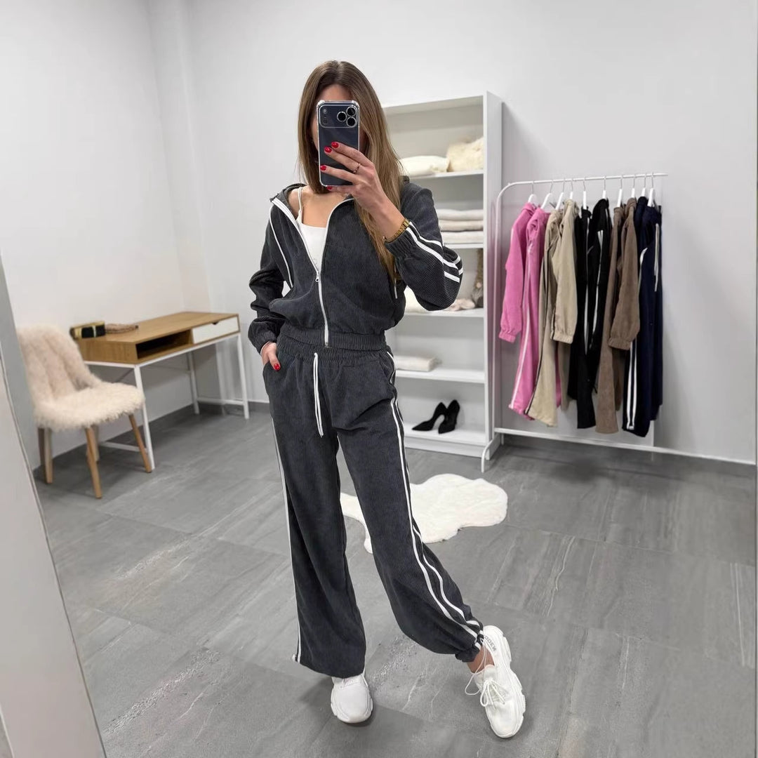 Damen Cord-Jogginganzug mit Kapuze, seitlichen Kontraststreifen, Tunnelzug und elastischen Saumbündchen Nord Taschen