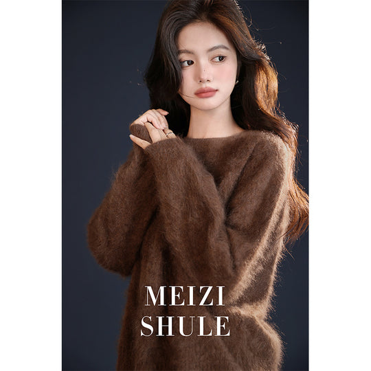 Damen Flauschiger Mohair-Optik Strickpullover mit Rundhalsausschnitt Nord Taschen