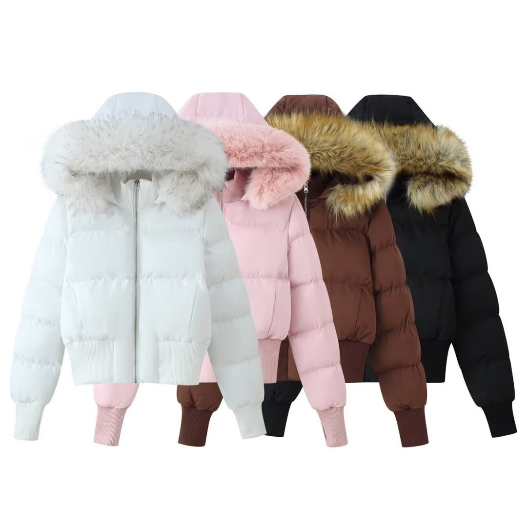 Damen Gepolsterte Cropped-Bomberjacke mit Kapuze und abnehmbarem Kunstpelzbesatz Nord Taschen