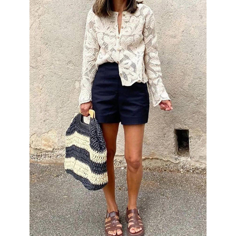 Damen Häkel-Cardigan mit Blumen‑Ajourmuster, Knopfleiste & gewelltem Saum Nord Taschen