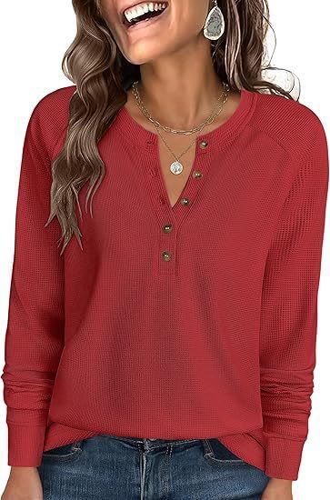 Damen Waffelstrick-Henley-Longsleeve mit Knopfleiste, Raglanärmeln und gerippten Bündchen Nord Taschen