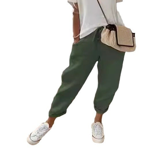 Damen Leinen-Joggerhose mit Kordelzug, lockerer Tapered-Schnitt und gekrempelten Säumen Nord Taschen