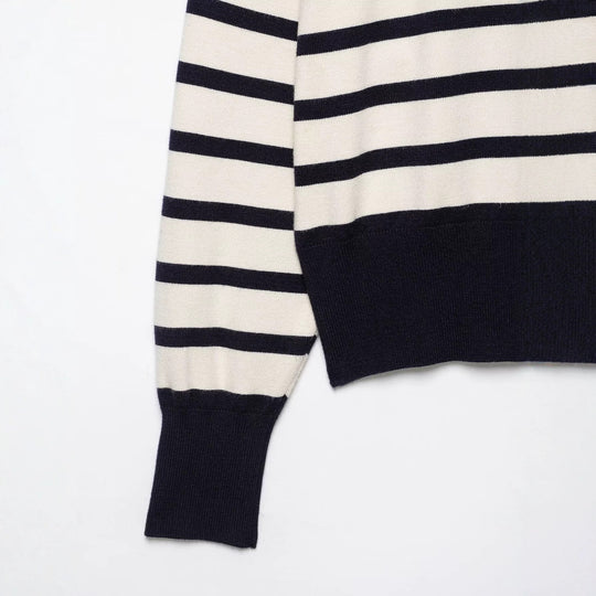 Damen Gestreifter Feinstrick-Pullover mit Halbreißverschluss und Stehkragen Nord Taschen