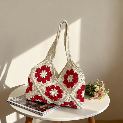 Damen Häkelhandtasche mit floralen Applikationen und großzügigem Innenraum Nord Taschen