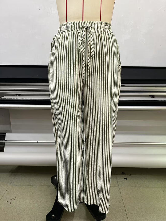 Damen Marlene-Streifenhose aus Leinenmix mit weitem Bein, Elastikbund und Kordelzug Nord Taschen