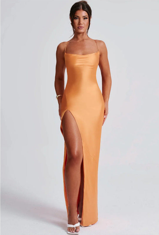 Damen Elegantes Maxikleid mit schmalen Spaghettiträgern und seitlichem Schlitz