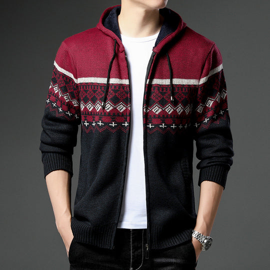 Herren Strick-Zip-Hoodie mit Norwegermuster, Kapuze und Eingrifftaschen Nord Taschen