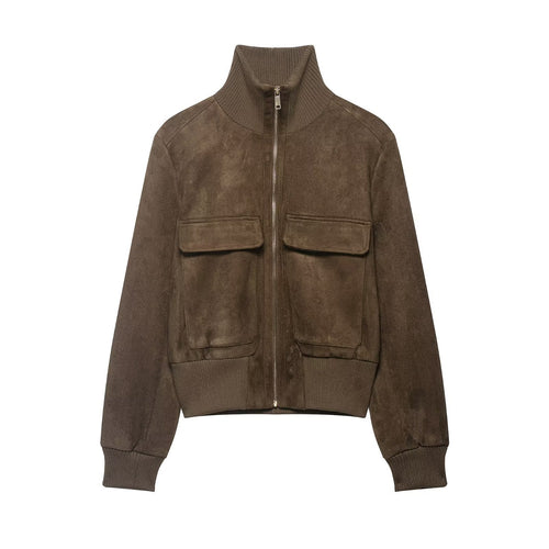 Damen Bomberjacke aus Velourslederoptik mit hohem Rippkragen und Pattentaschen Nord Taschen