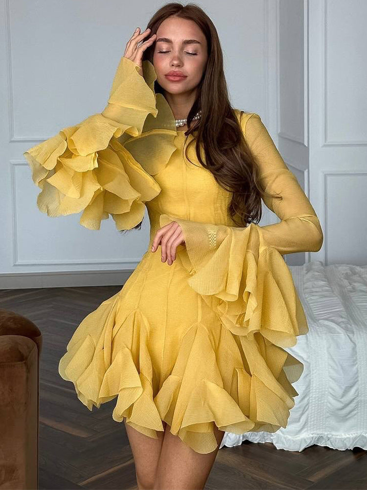 Damen Rüschen‑Chiffon‑Minikleid mit Volants und transparenten Ärmeln Nord Taschen