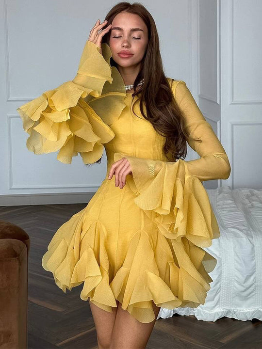 Damen Rüschen‑Chiffon‑Minikleid mit Volants und transparenten Ärmeln Nord Taschen